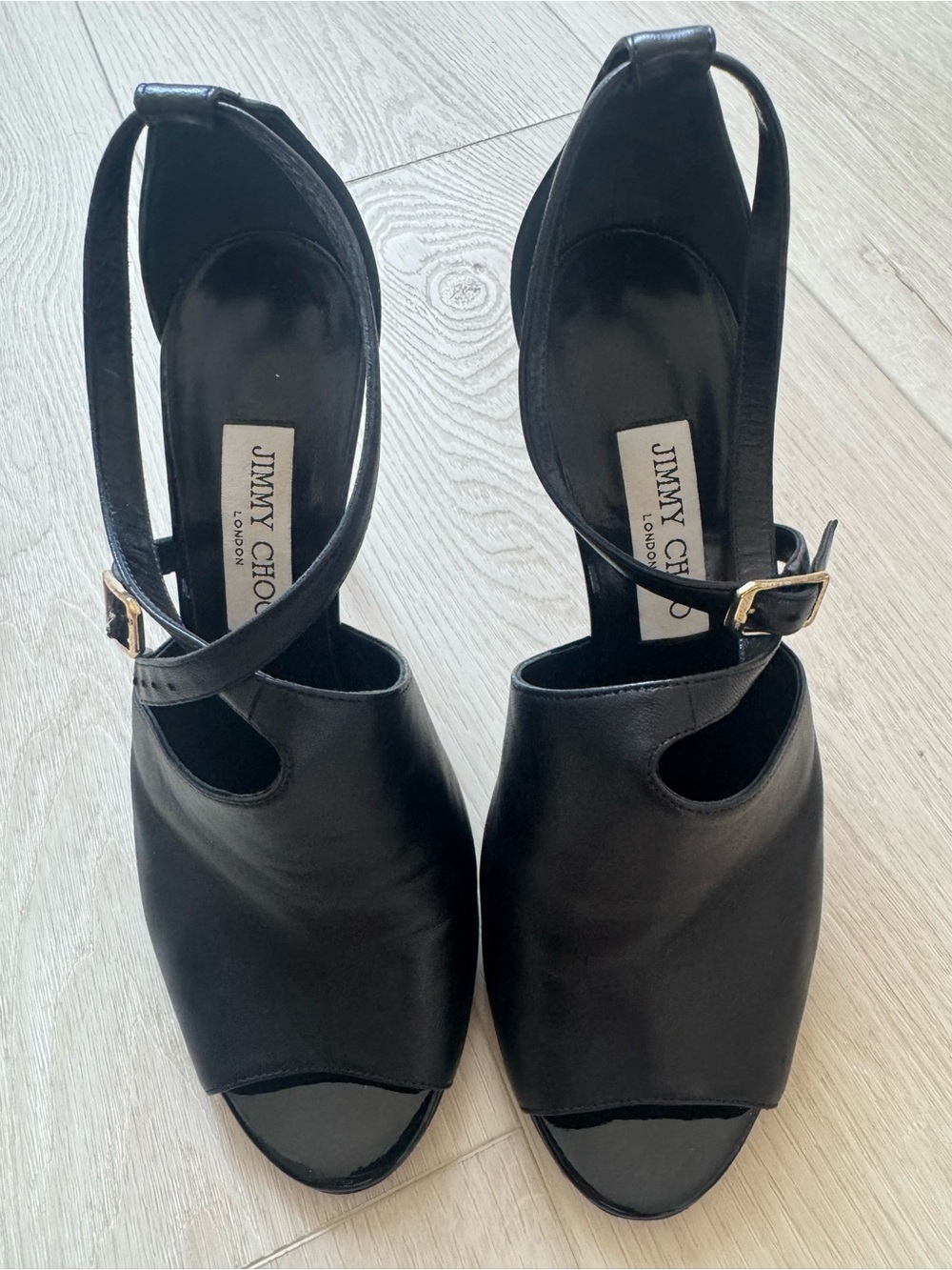 Jimmy Choo Black Leather Open-Toe Heels